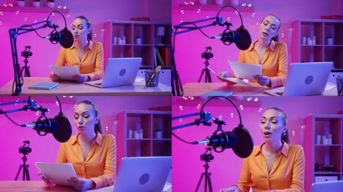 一位年轻美丽的播客，用专业设备在紫色专业工作室录制她的新剧集