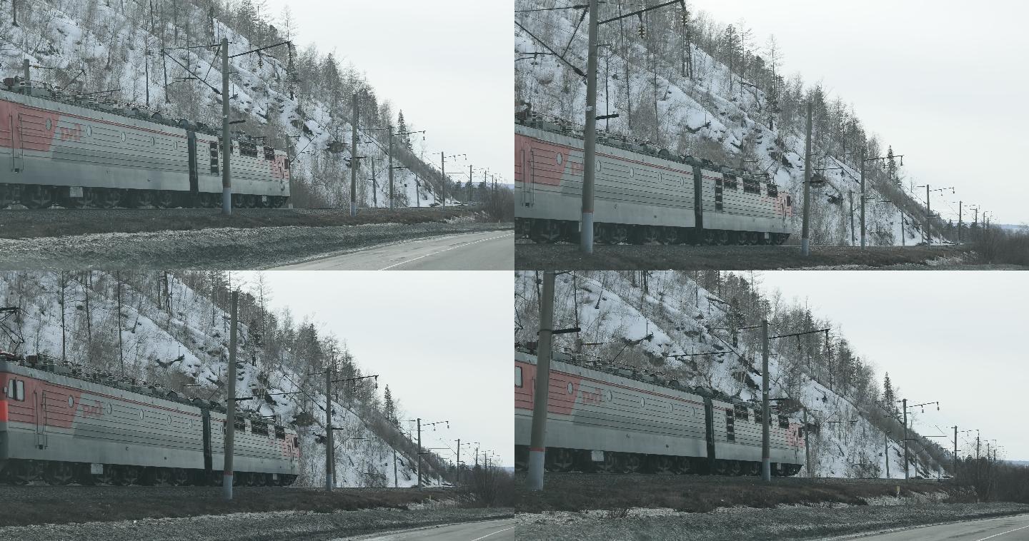 冬季与汽车并行的火车4K素材