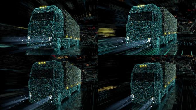 未来技术概念：自动半挂汽车，带拖车，在数字道路上行驶，传感器扫描周围环境。自驾卡车数字化高速公路的特