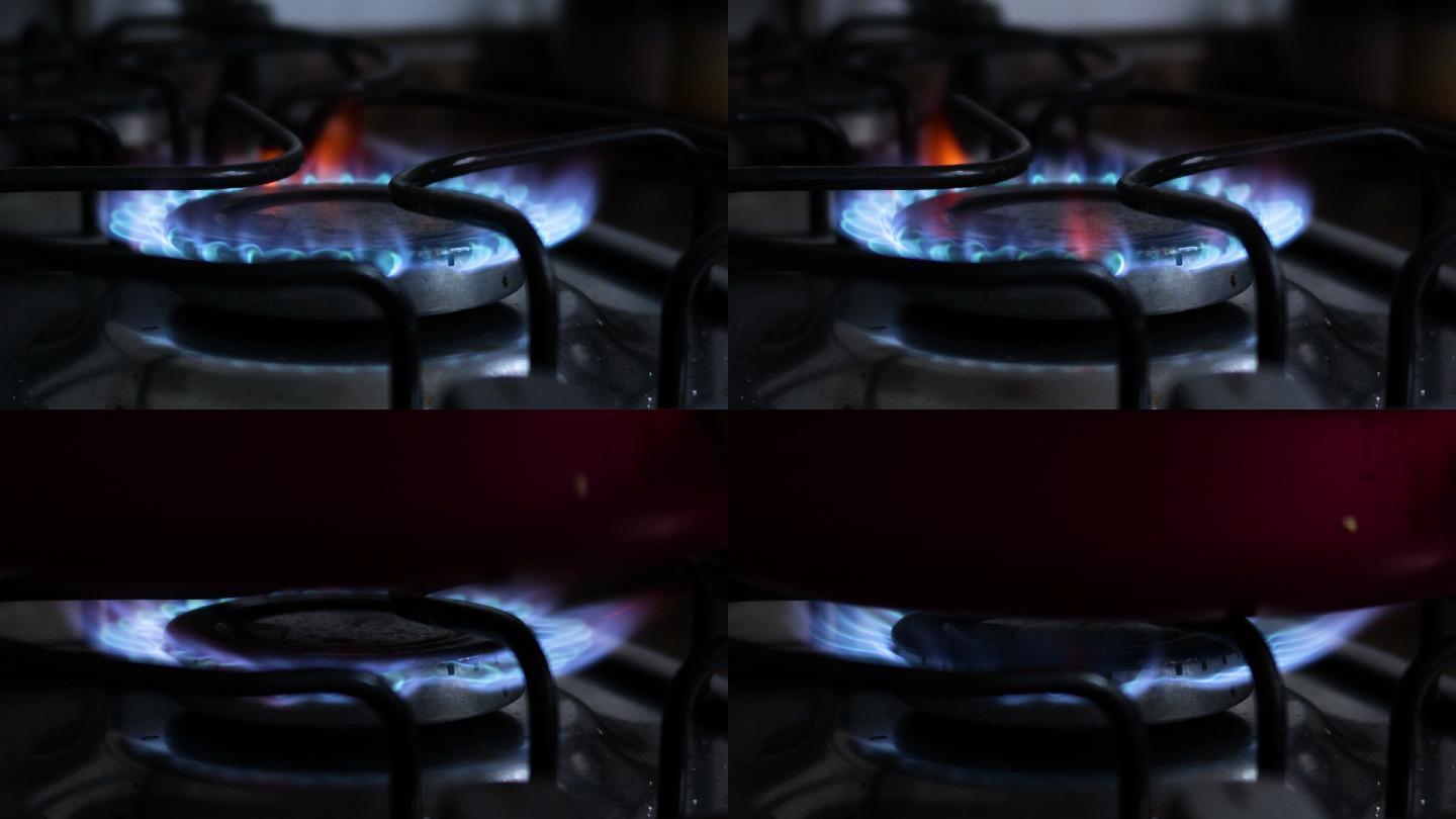 炉子上的平底锅厨房点燃燃气灶炒菜