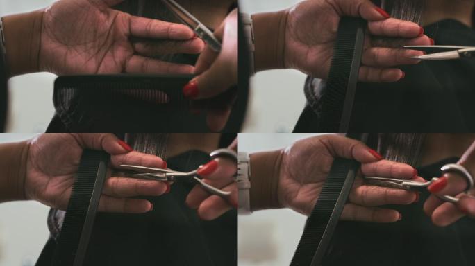 一个面目全非的女人坐在沙龙里，由理发师理发的4k视频片段