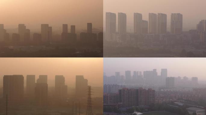 城市雾霾空气污染清晨太阳灰尘灰层雾霾城市