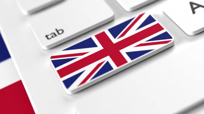 键盘按钮上的英国国旗以4K分辨率选择性聚焦点击