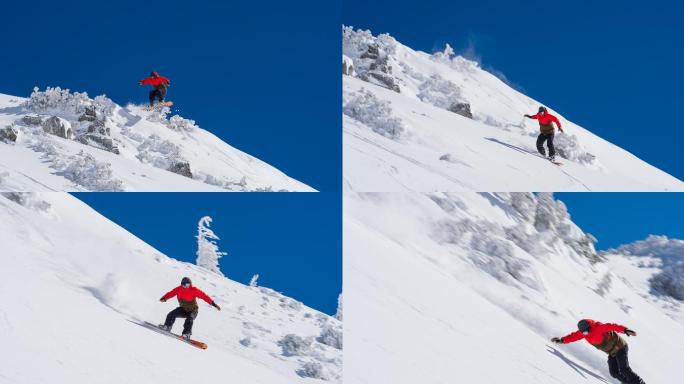 滑雪板运动员跳过岩石，骑下滑雪坡