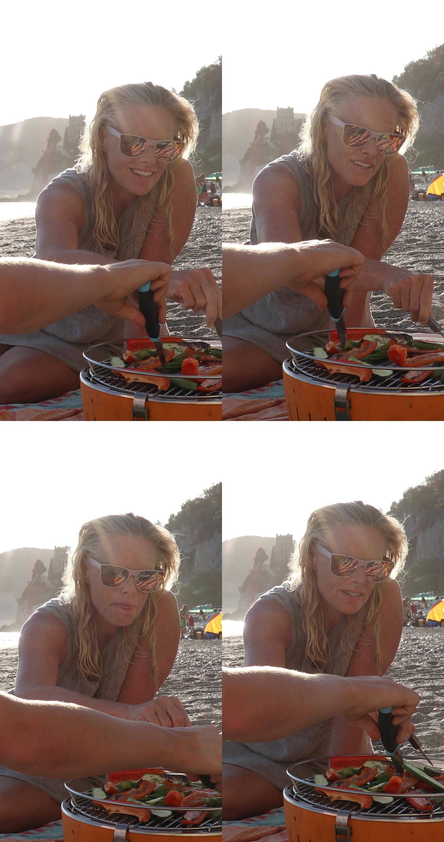 一位女士在海滩上准备烧烤蔬菜