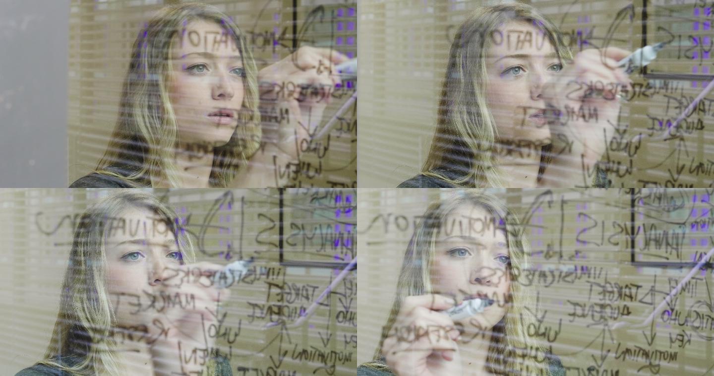 TS年轻女商人在玻璃上用记号笔写字