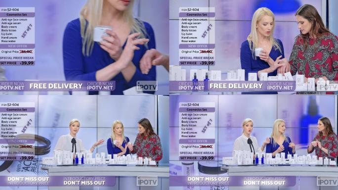 英国电视广告蒙太奇：一名女子在电视广告节目中展示了一条化妆线，她在与女主持人交谈时，将面霜擦在一名女
