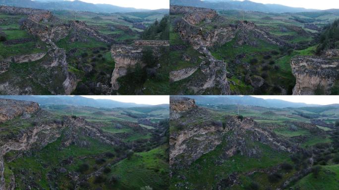 Pamukkale鸟瞰图——日出时Hierapolis 4K无人机镜头