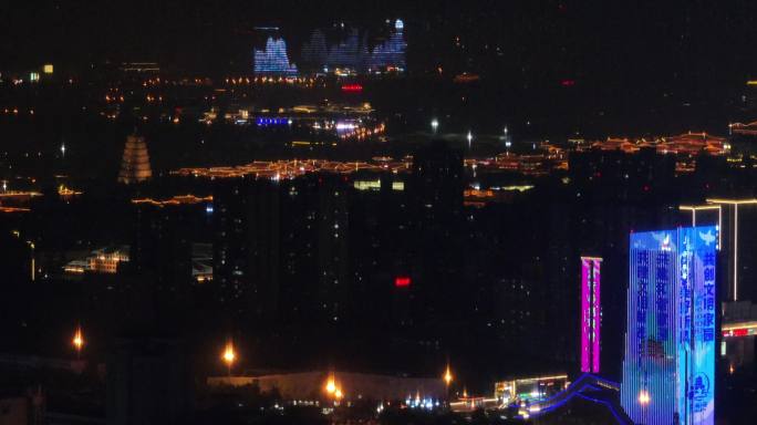 西安夜景航拍西安城市风光夜景西安地标建筑