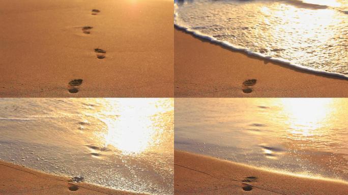 在沙滩上的脚印浪花浪拍岸
