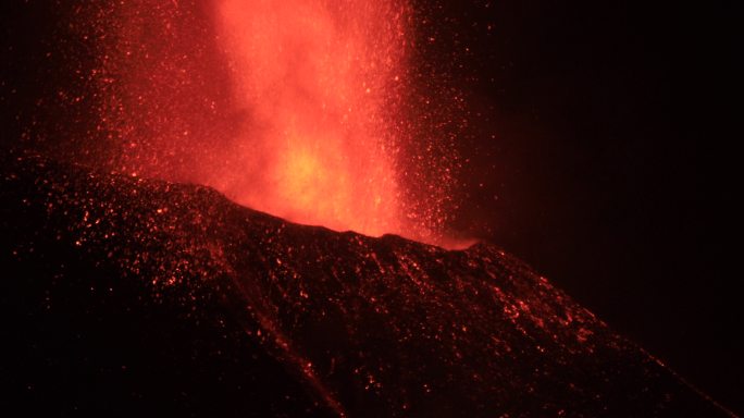 拉帕尔马火山夜间喷发，质量流崩塌。美妙的声音！