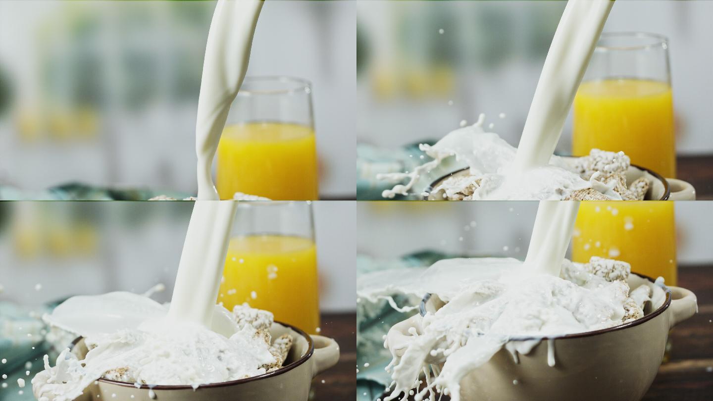 将牛奶倒在碗里的燕麦方形玉米片上超级慢镜头
