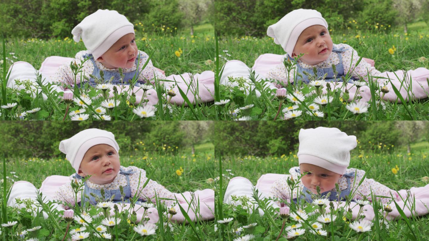 春天阳光明媚的日子里，雏菊地里的婴儿，特写镜头。热爱大自然。