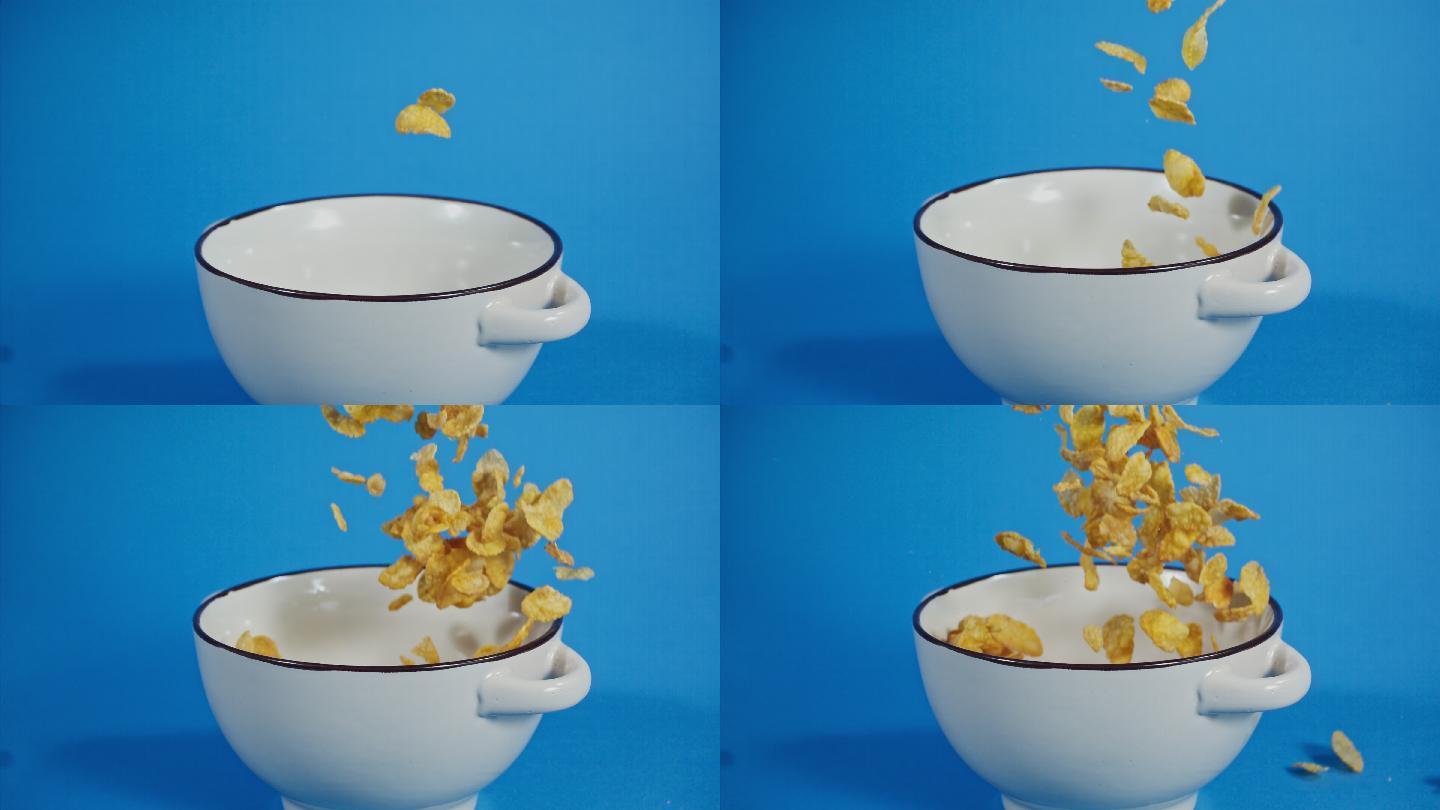 玉米片落入碗中超慢动作