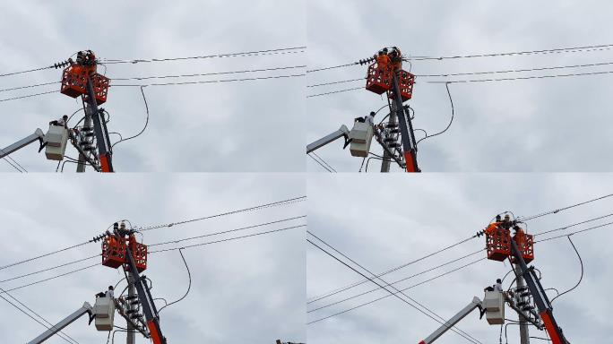 电力线工人修电路实拍视频