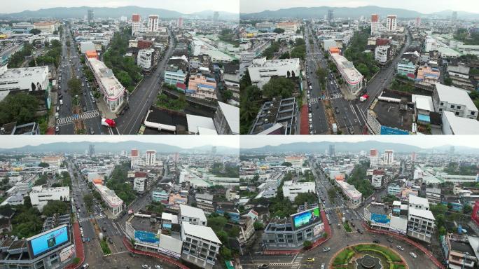 无人机飞越泰国市中心街道