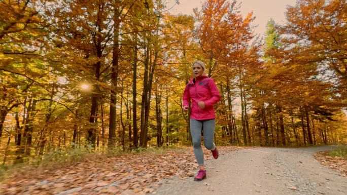 秋天阳光明媚的日子里，一个女人在森林路上跑步