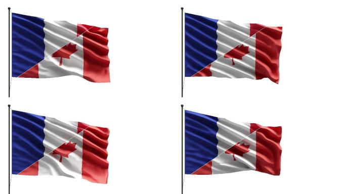 4k法国和加拿大国旗在桅杆上迎风飘扬的概念