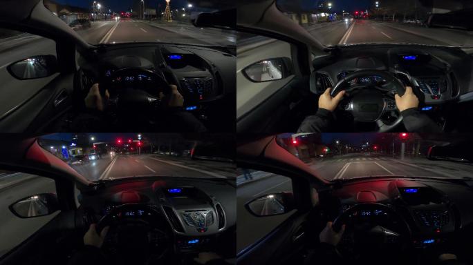 夜间城市骑行-从司机的角度，用gopro摄像头拍摄一辆汽车在城市中行驶的4k视频片段