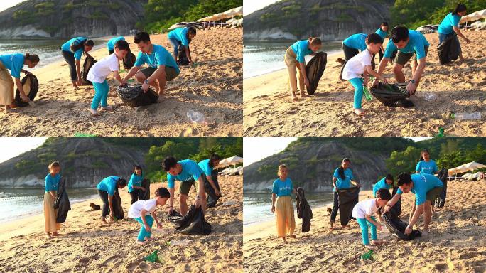 一群年轻的志愿者帮助保持大自然的清洁，并从沙质海岸捡起垃圾。