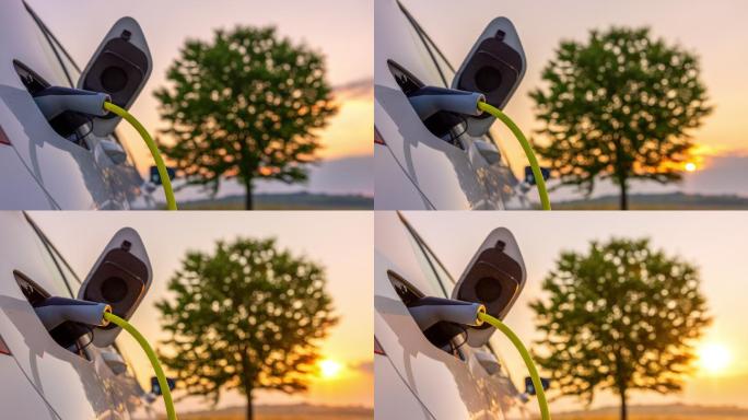 汽车充电的时效性。金色的太阳在一棵大树后面升起。