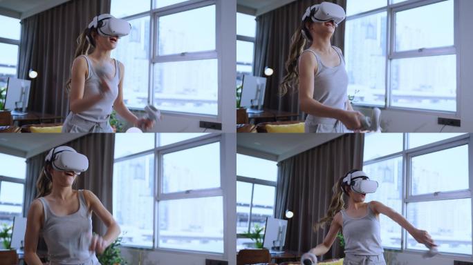 exitied享受3d虚拟游戏未来体验年轻的亚洲女性佩戴vr耳机技术观看模拟数字世界手势控制自己击败