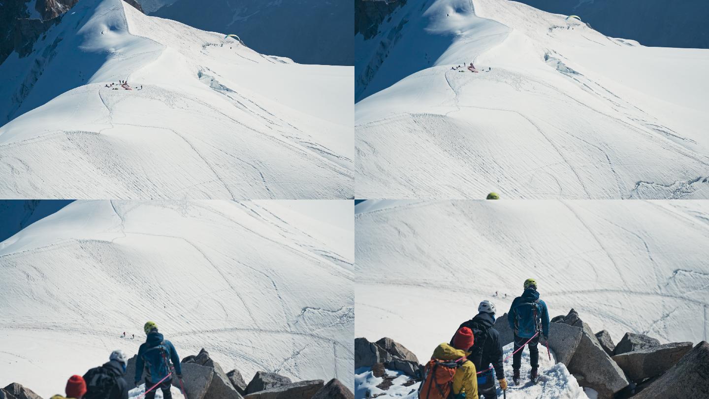 登山队登上山顶。冬季探险。