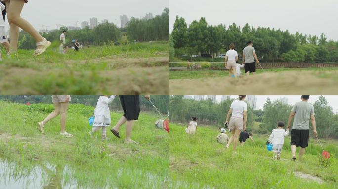 一家人春游捕鱼捕捉蝴蝶