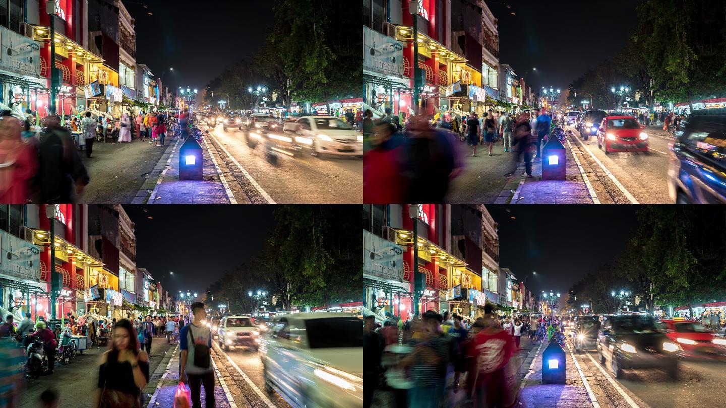 日惹夜市人流车流延时摄影忙碌国外夜晚街景