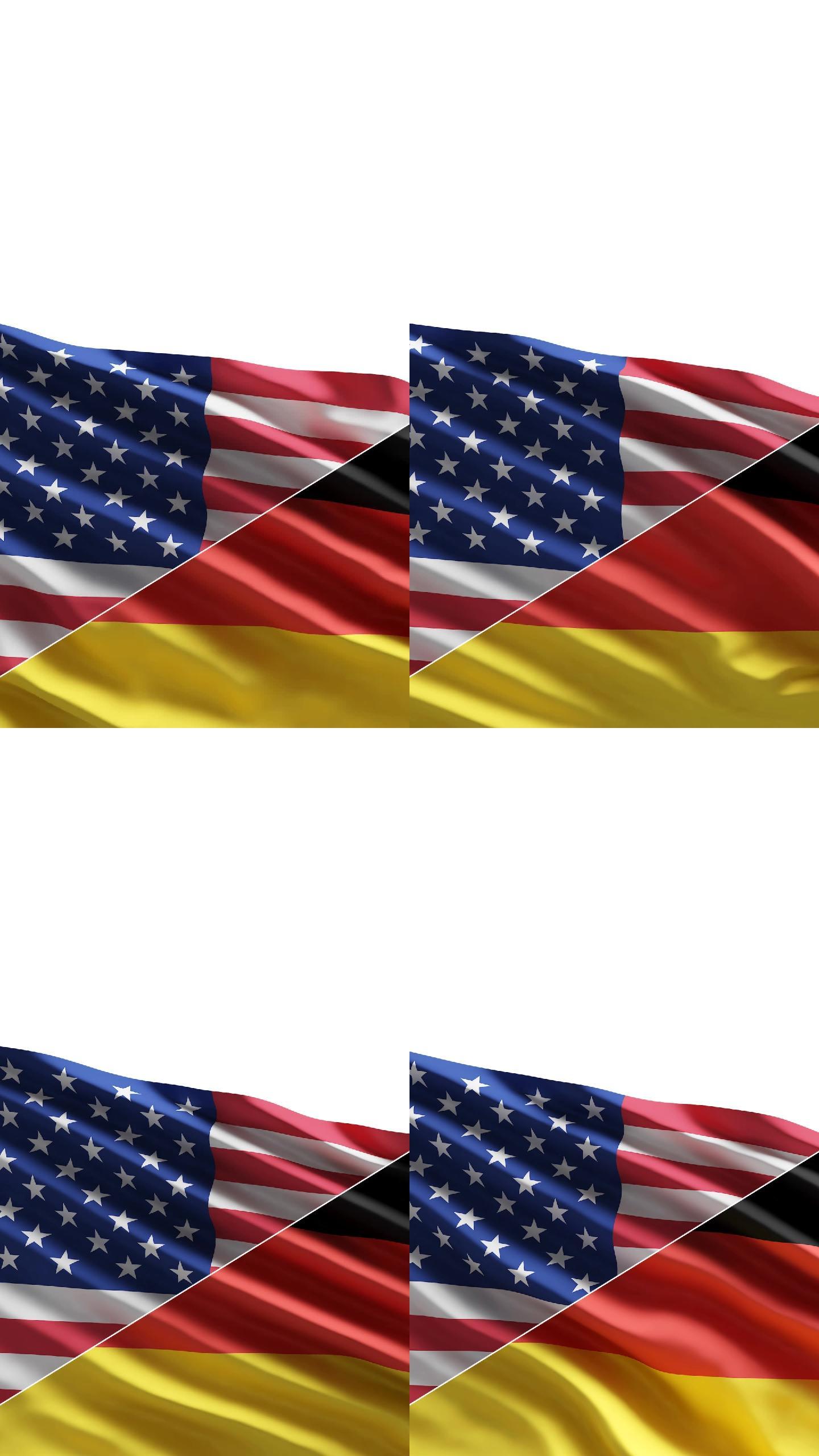 风中的美国和德国国旗在白色背景上隔离，带有复制空间