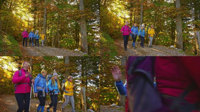 四名女性徒步旅行者在森林小道上走过，对着摄像机挥手致意