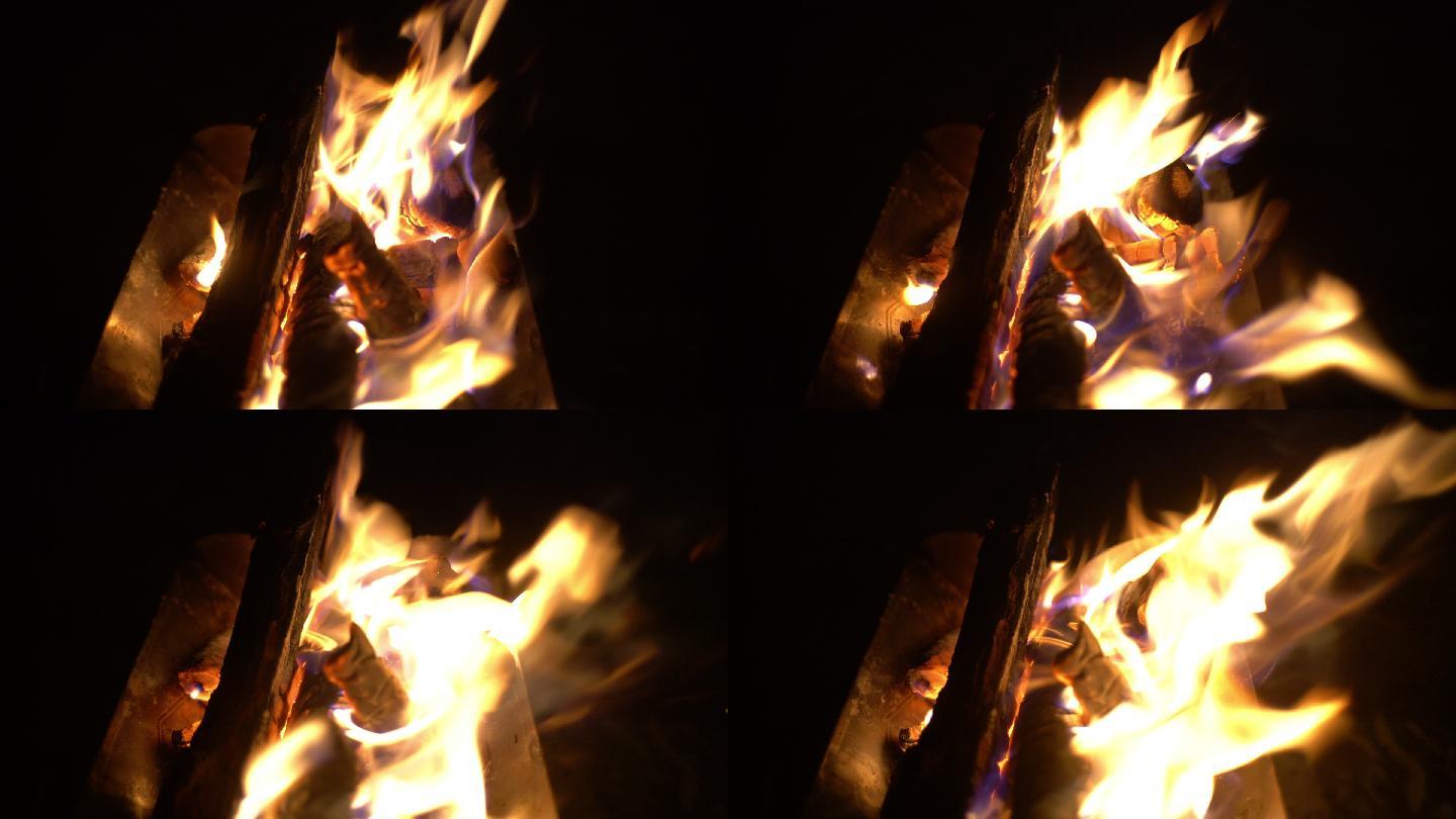 露營地的篝火夜晚特写野营