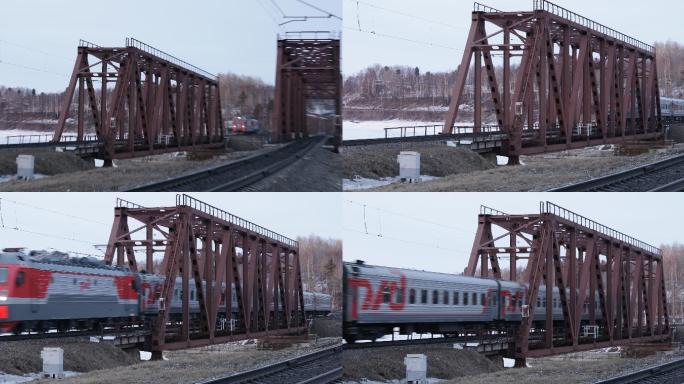 轰鸣的火车从铁桥上驶过4K素材