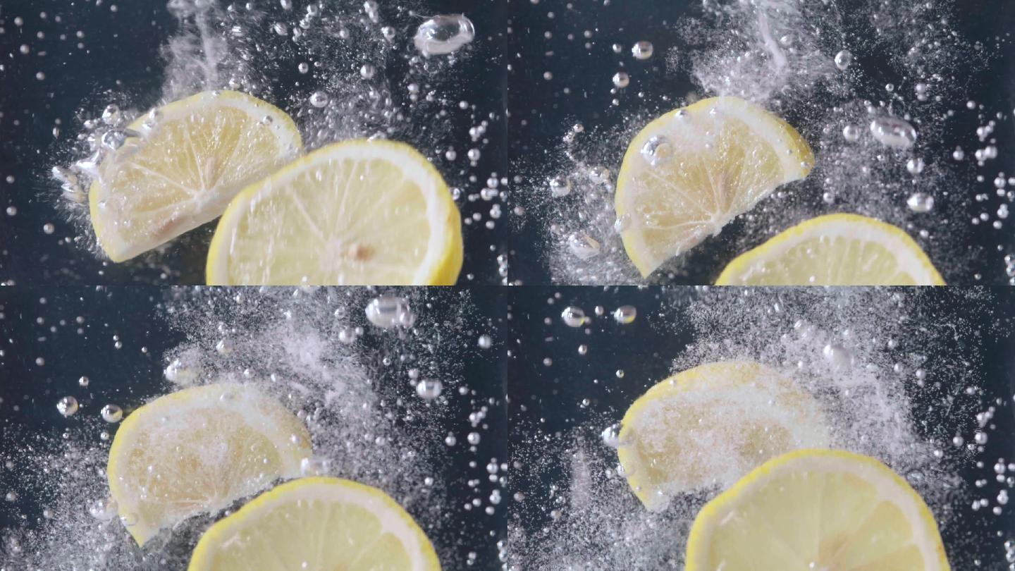 柠檬落入气泡水中