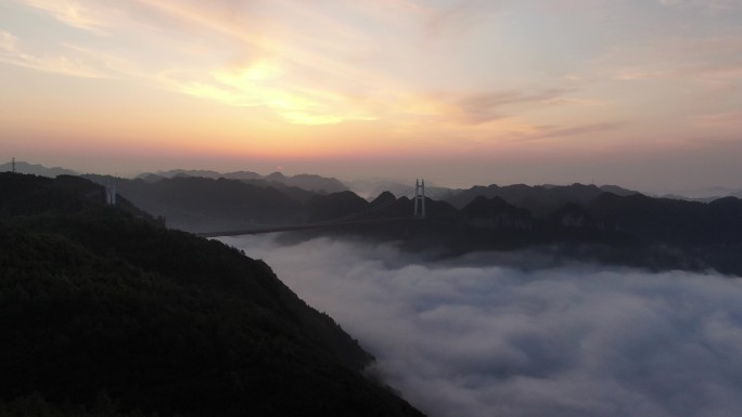 旅游景区湖南湘西矮寨大桥云海日出航拍