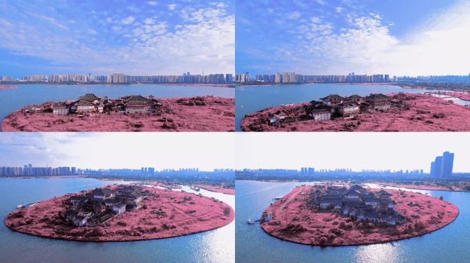 航拍松雅书院带岛唯美远景 岛上古建筑