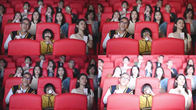 亚裔华人活跃老人和孙女喜欢在电影院看电影
