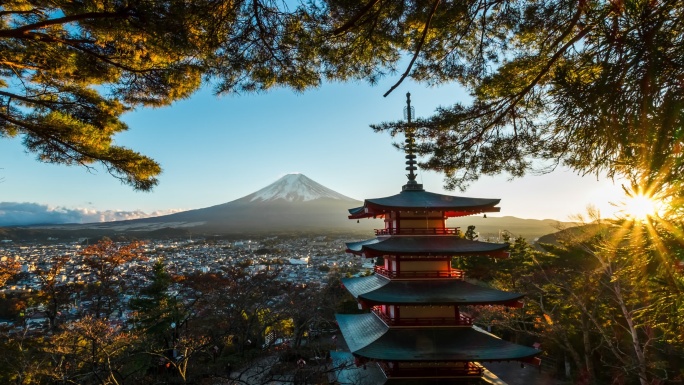 日本藤吉田4k延时富士山冬季红塔