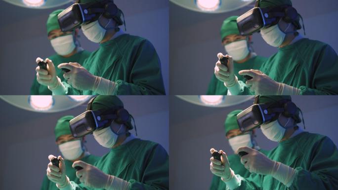 医生戴着VR护目镜在手术室与患者讨论。