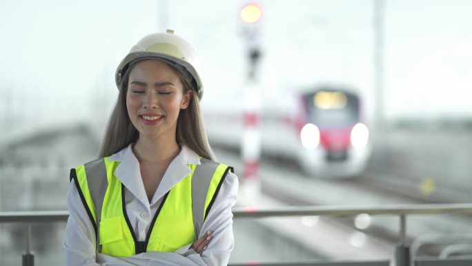 火车站双臂交叉的女工程师肖像
