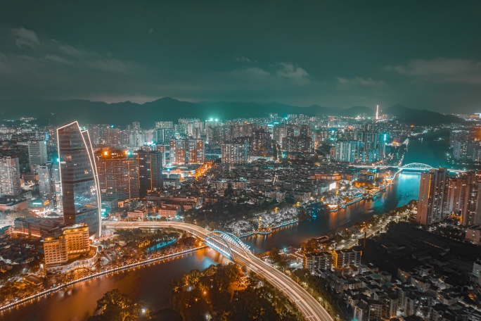 「版权素材」中山岐江夜景青橙色调二