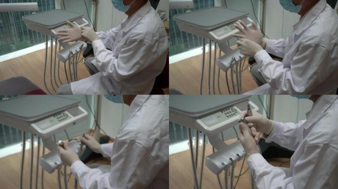 牙医戴上乳胶手套，拿起周围的器械准备