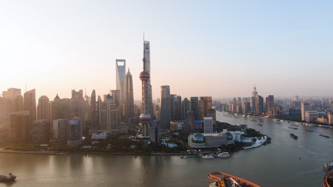 空中城市景观，上海，日出。