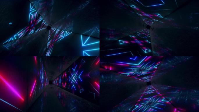 发光的霓虹隧道。抽象无缝循环背景。荧光紫外灯