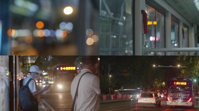 夜晚行驶的公交车 等车的乘客