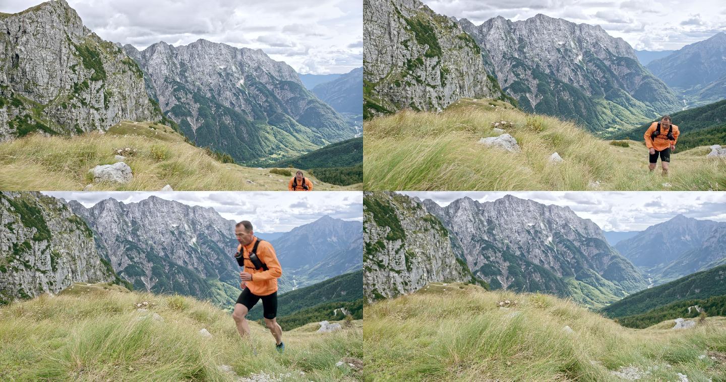 斯洛·莫（SLO MO DS）是一名男子跑步运动员，他在高山草地上的小山上跑步