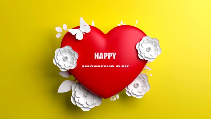 黄色背景上有花朵和心形图案的“快乐妇女节”概念