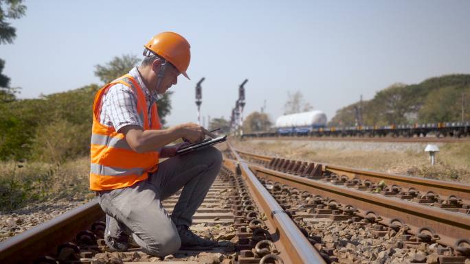 亚洲男性经理检查员检查安全铁路系统。铁路工程师穿着安全背心和头盔，维护工程师在车站检查轨道。