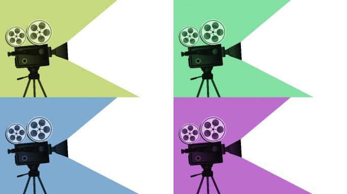 复古紫色影院相机和电影杂志动画背景库存视频-35mm电影相机动画