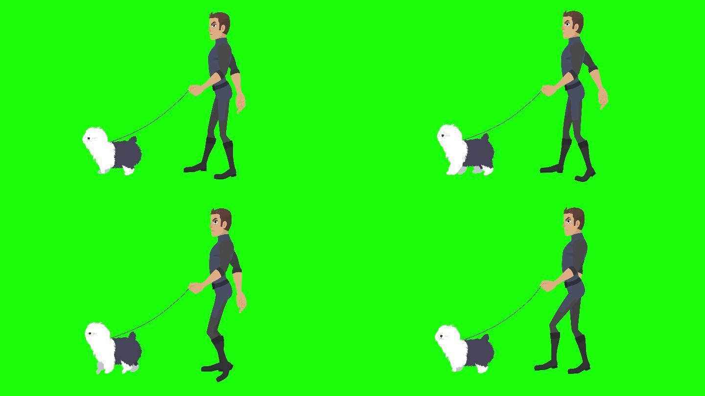 带狗的人走卡通动画，绿色背景色度键